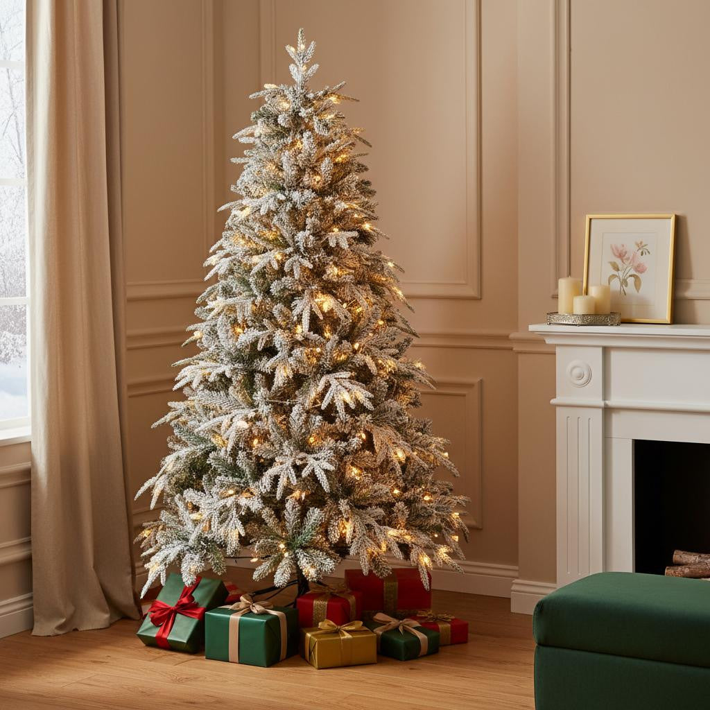 6' White Pre Lit Full Flocked Spruce Christmas Tree With Decorations