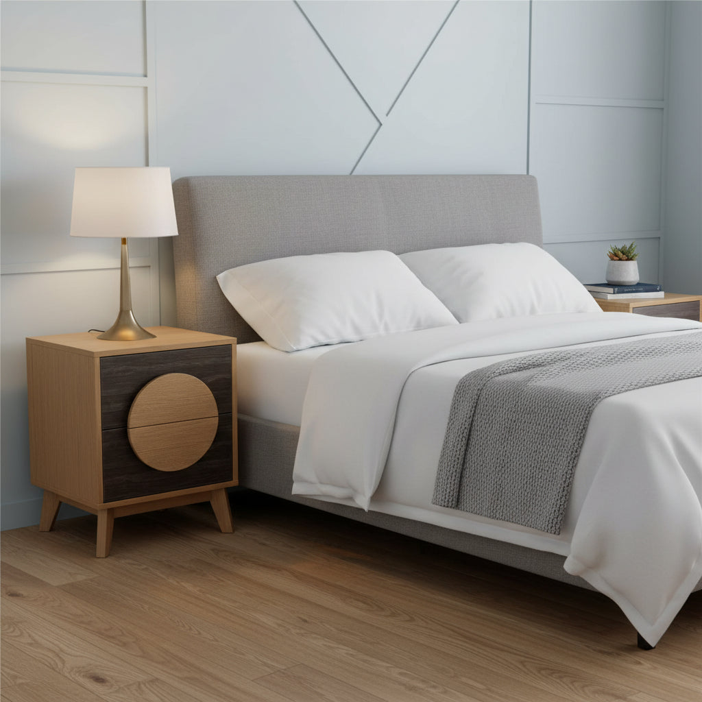 Set of Two 21" Oak And Dark Brown Solid Wood Square Two Drawer Nightstands