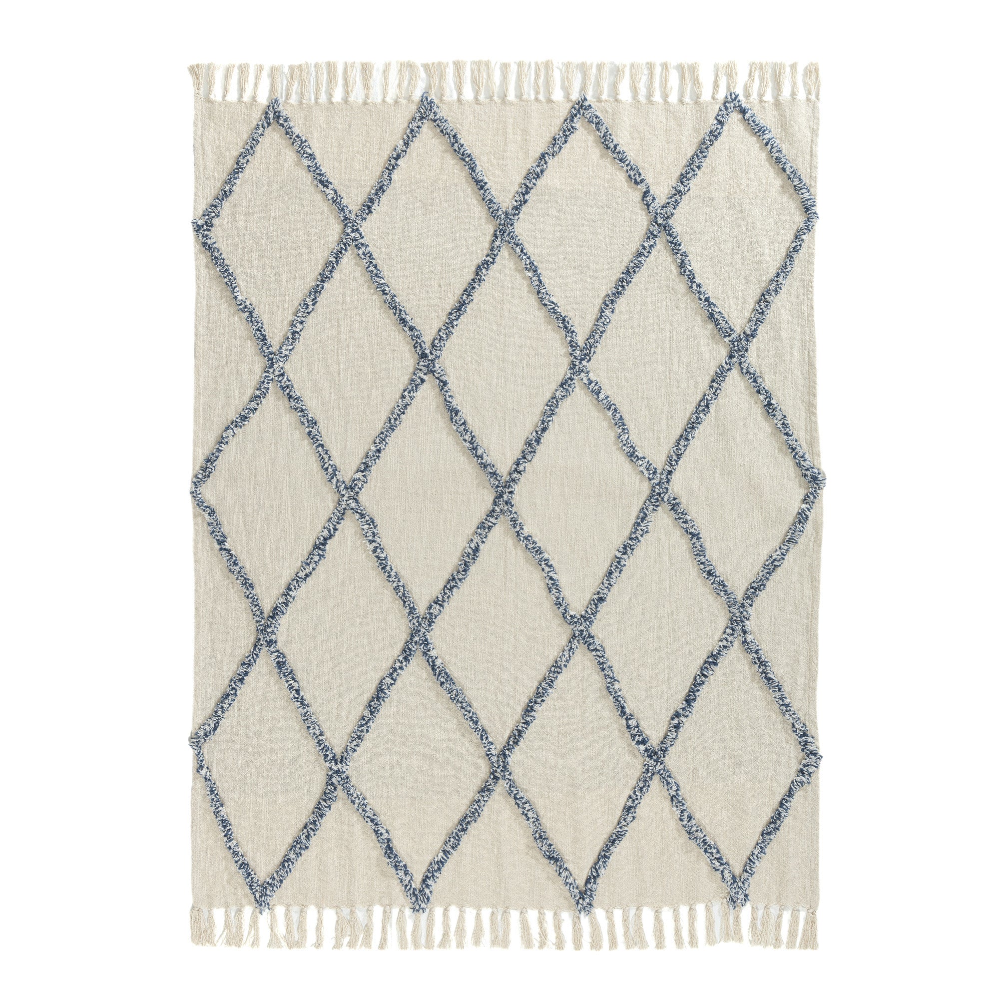 50" X 60" Ivory And Blue Argyle Cotton Woven Throw Blanket