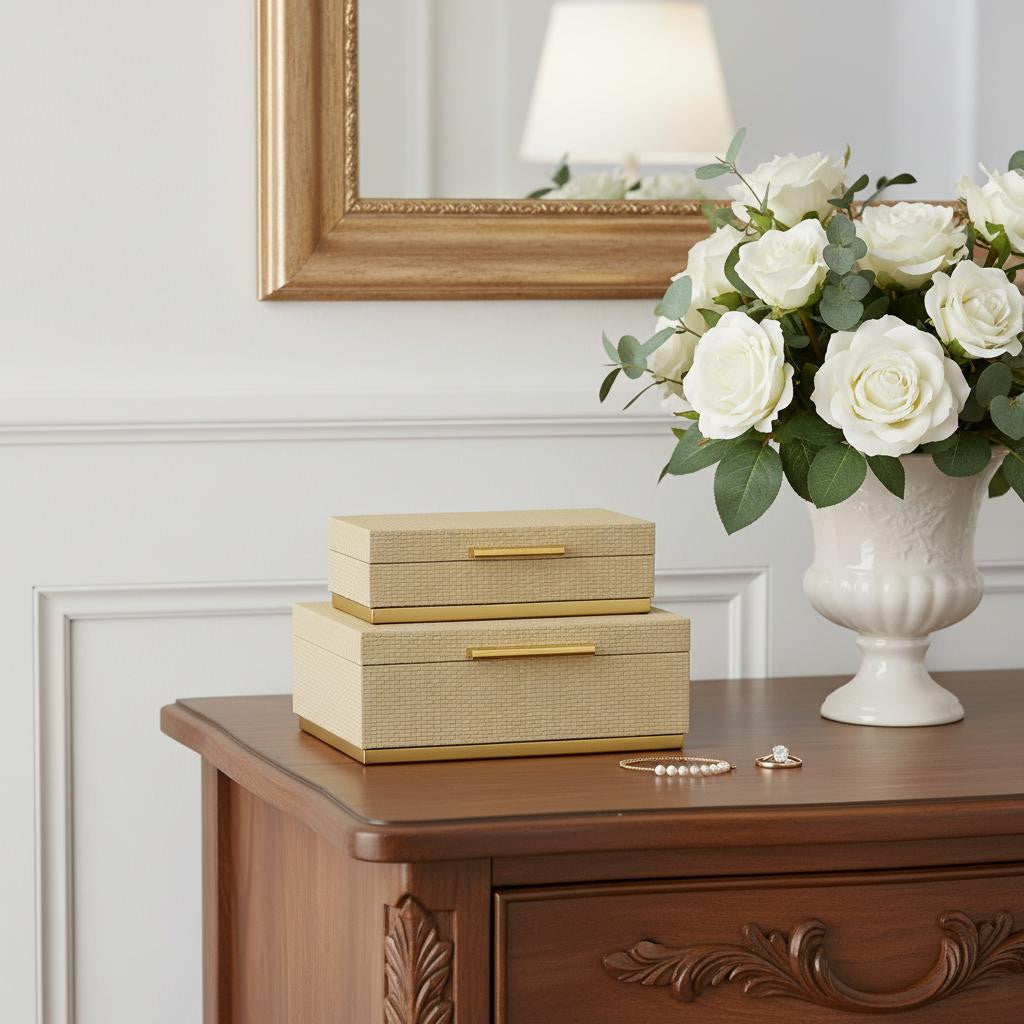 Set of Two Taupe And Gold Nesting Decorative Storage Boxes With Lids