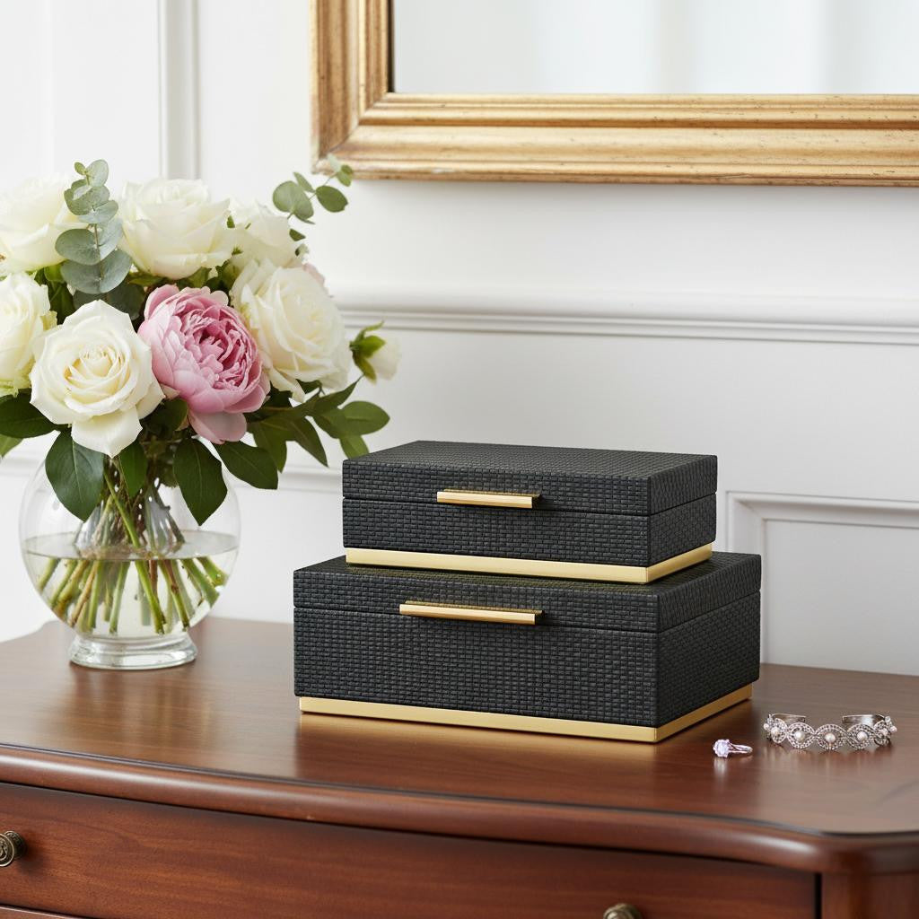 Set of Two Black And Gold Nesting Decorative Storage Boxes With Lids