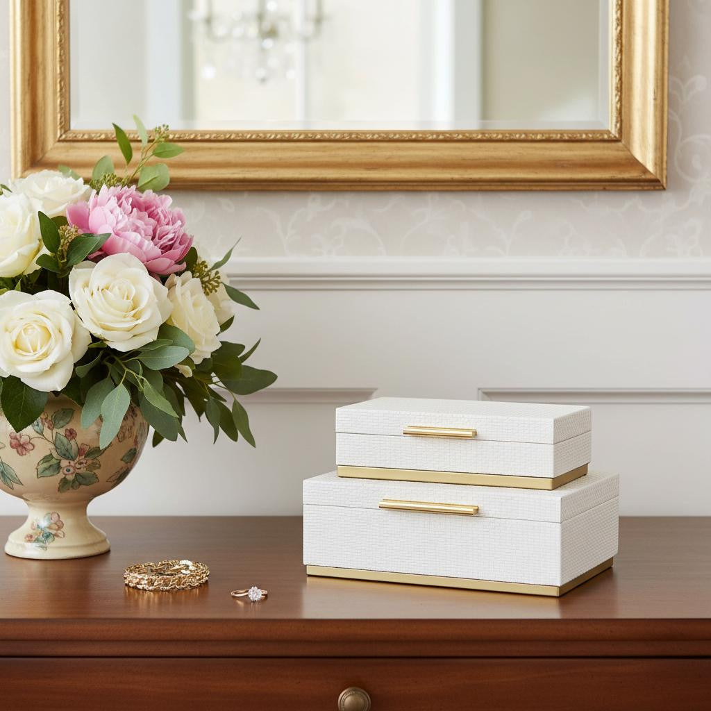 Set of Two White And Gold Nesting Decorative Storage Boxes With Lids