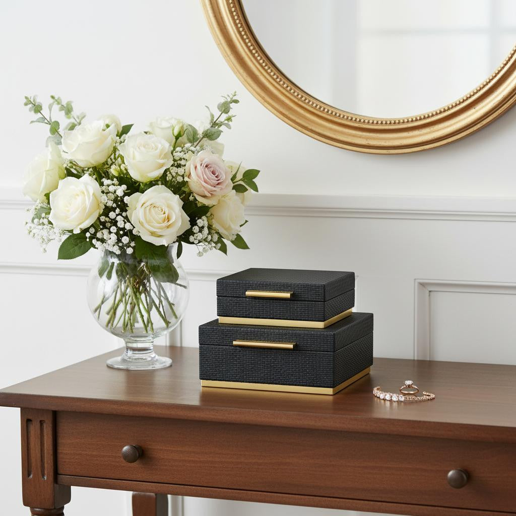 Set of Two Black And Gold Square Nesting Decorative Storage Boxes With Lids