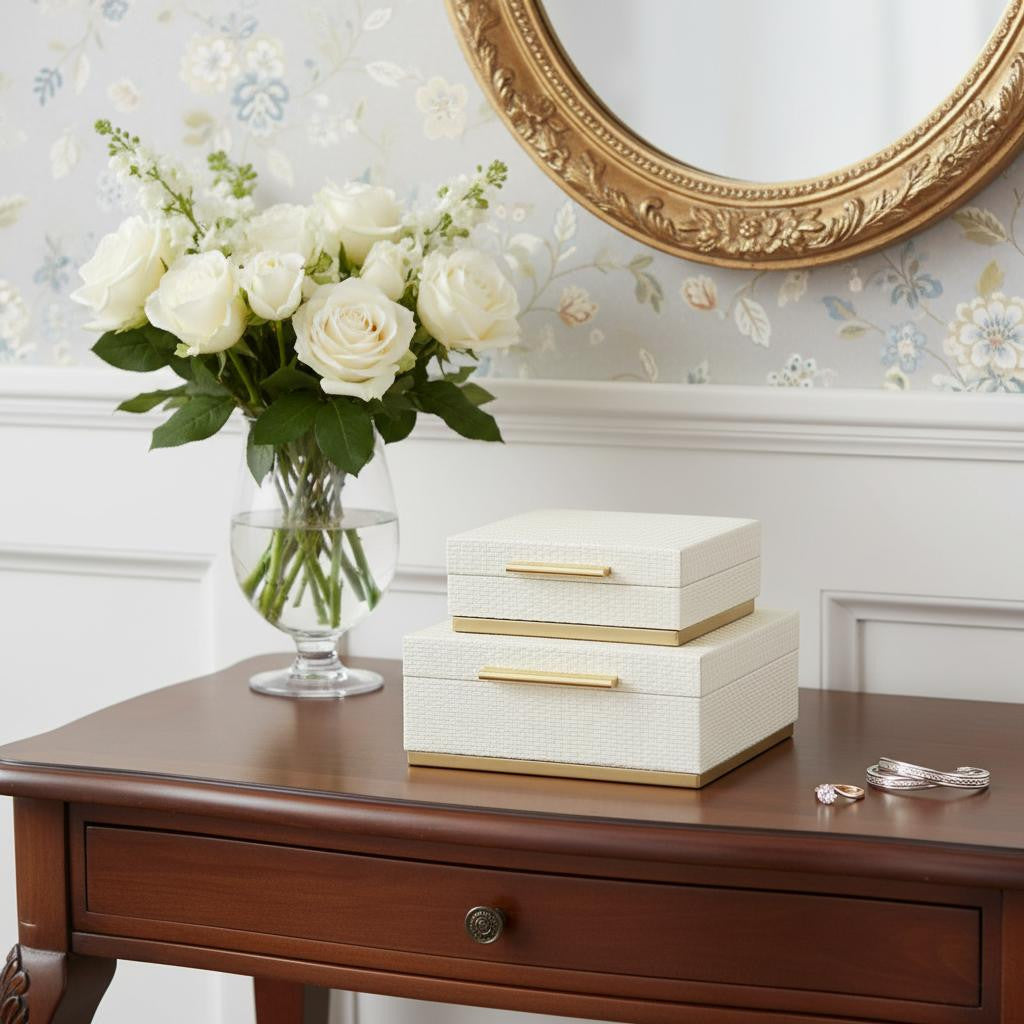 Set of Two White And Gold Square Nesting Decorative Storage Boxes With Lids