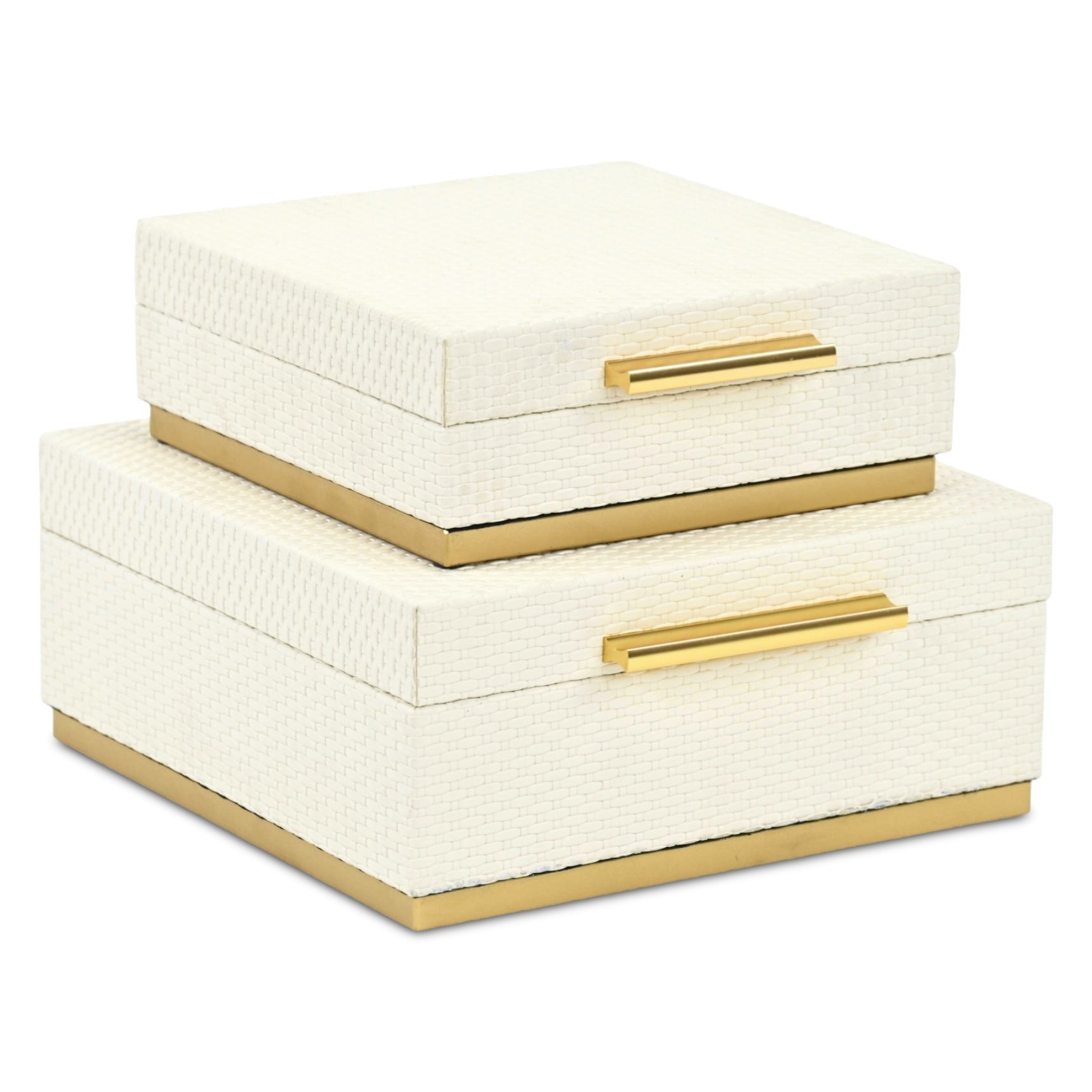 Set of Two White And Gold Square Nesting Decorative Storage Boxes With Lids
