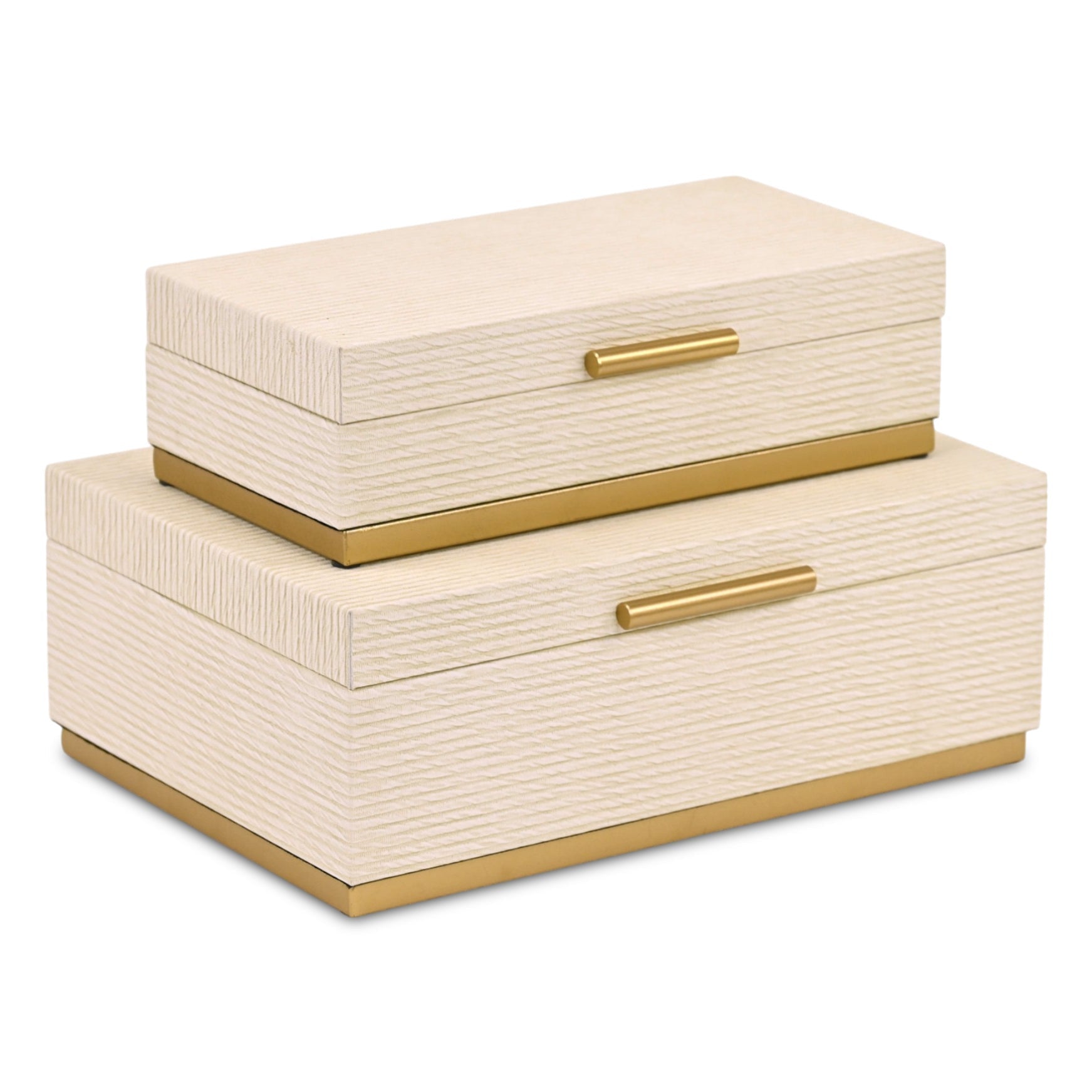 Set of Two Cream And Gold Striped Nesting Storage Boxes With Lids
