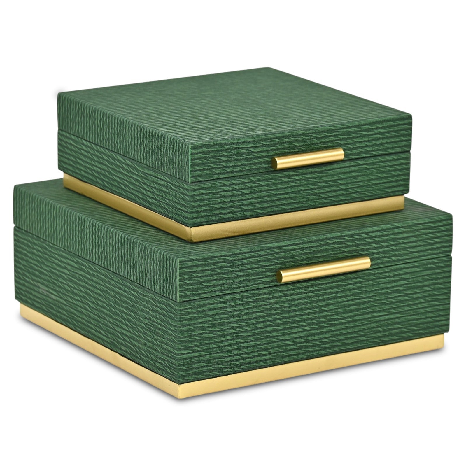 Set of Two Green And Gold Striped Square Nesting Storage Boxes With Lids
