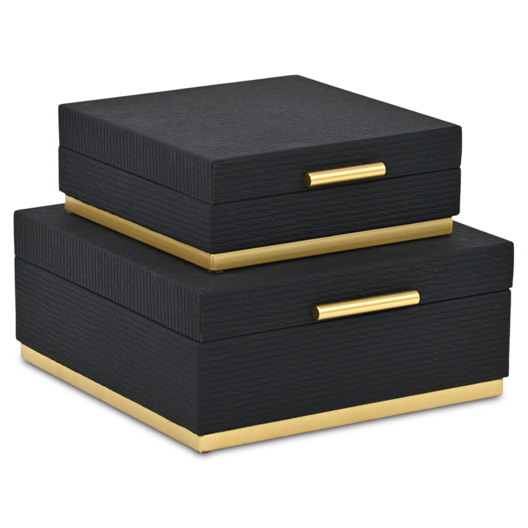 Set of Two Black And Gold Striped Square Nesting Storage Boxes With Lids