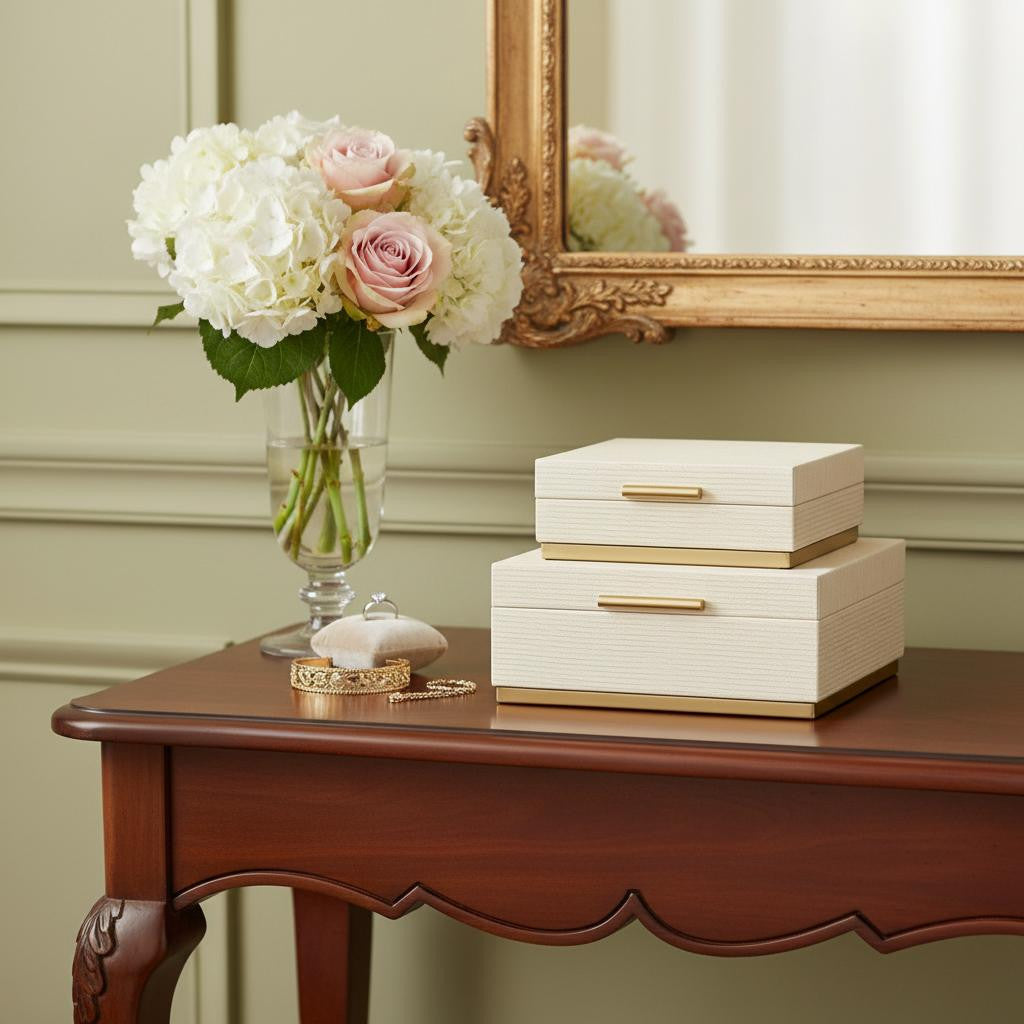 Set of Two Cream And Gold Nesting Wood Box With Lid