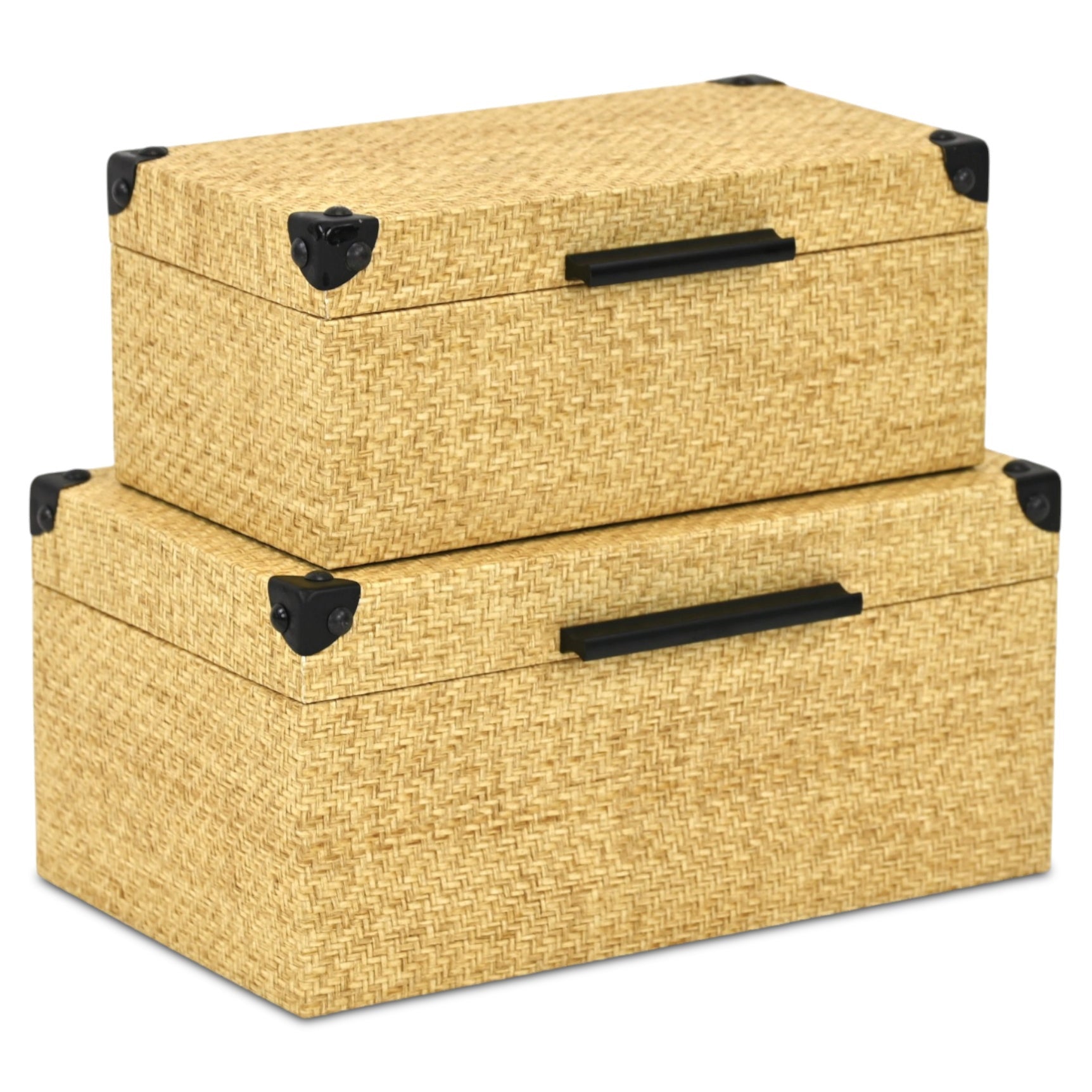 Set of Two Natural And Black Faux Rattan Nesting Storage Boxes With Lids
