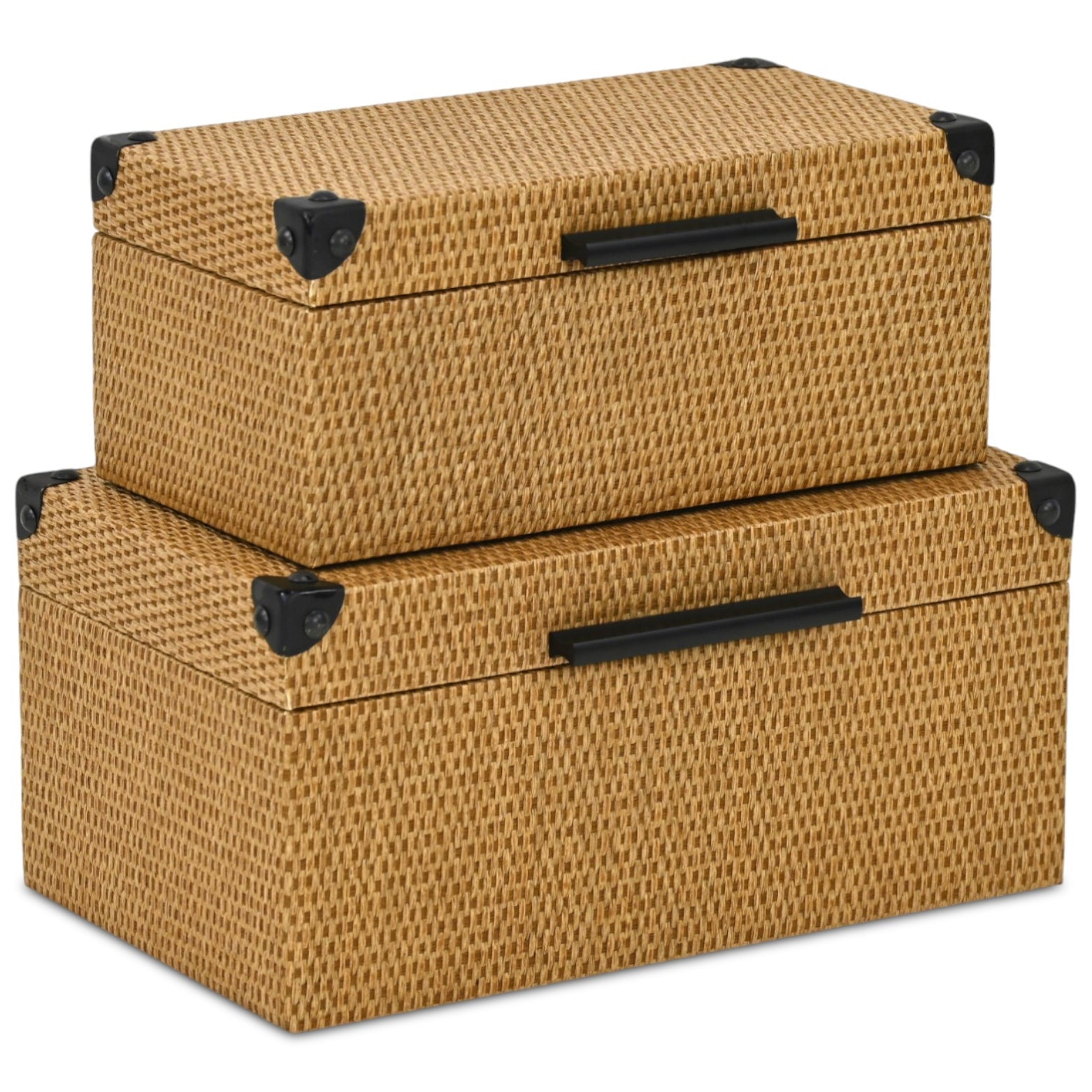 Set of Two Brown And Black Faux Rattan Nesting Storage Boxes With Lids