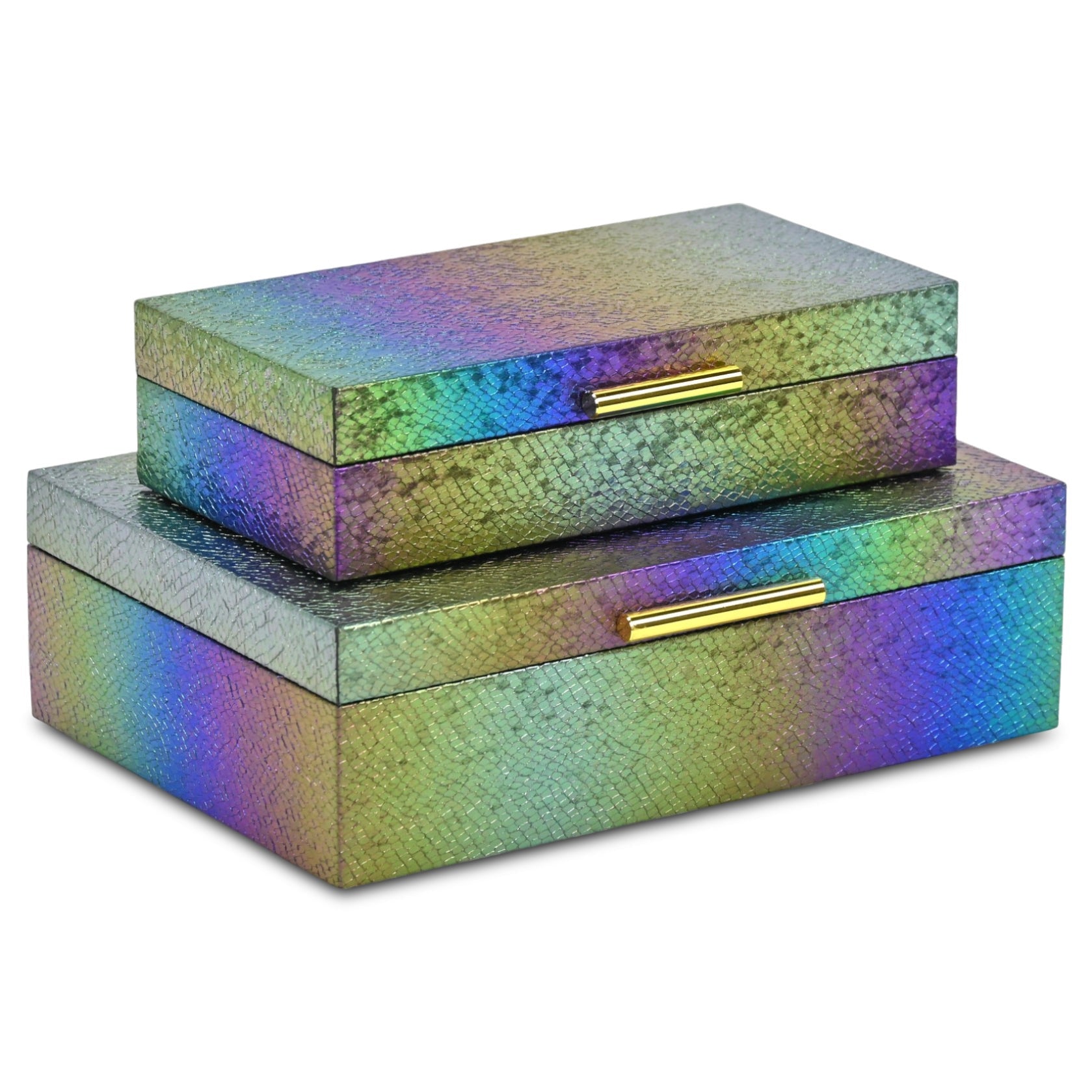 Set of Two Rainbow And Gold Faux Shagreen Nesting Storage Boxes With Lids