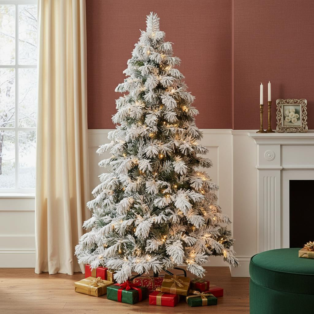 8' Pre Lit Full Flocked Pine Christmas Tree
