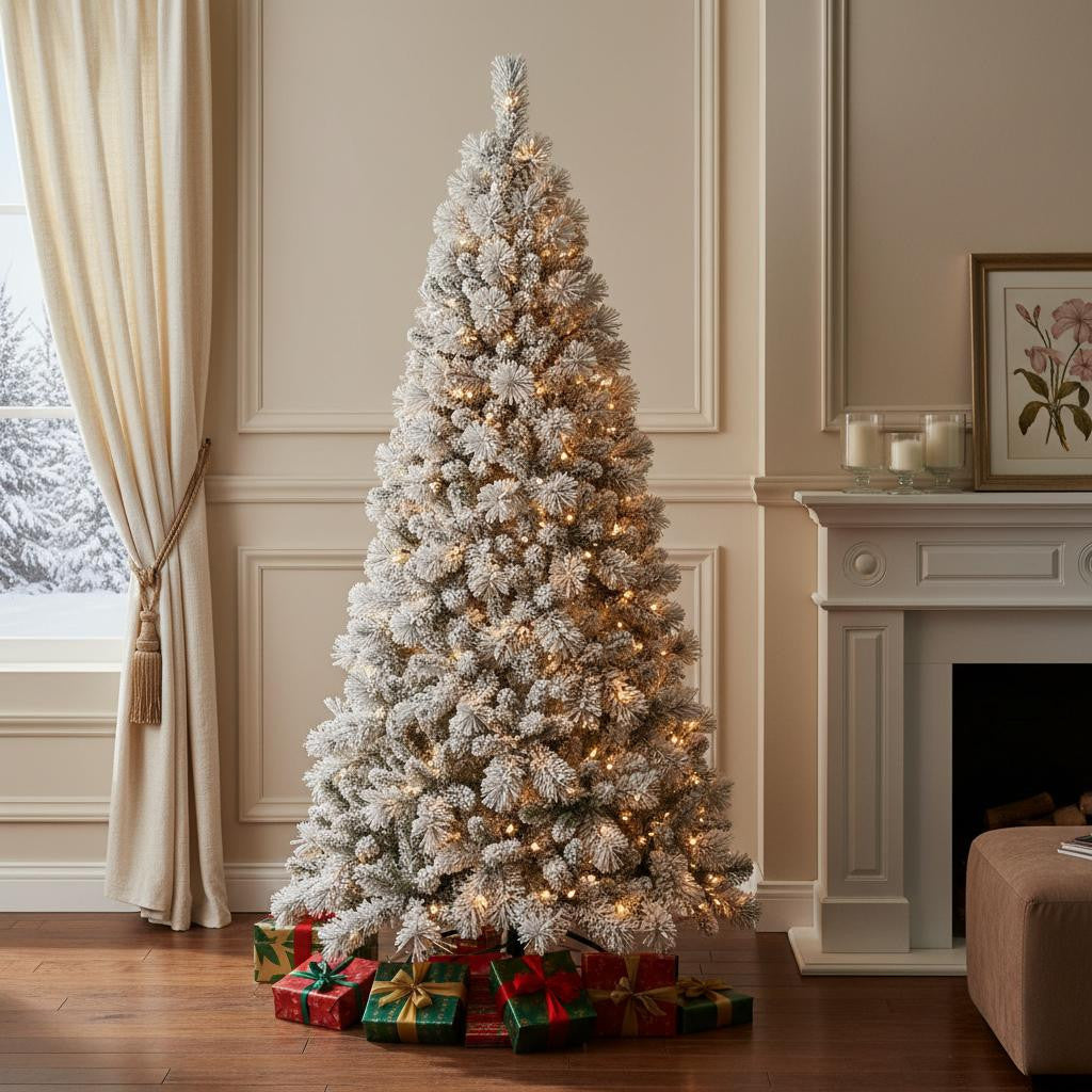 7' Pre Lit Full Flocked Pine Christmas Tree