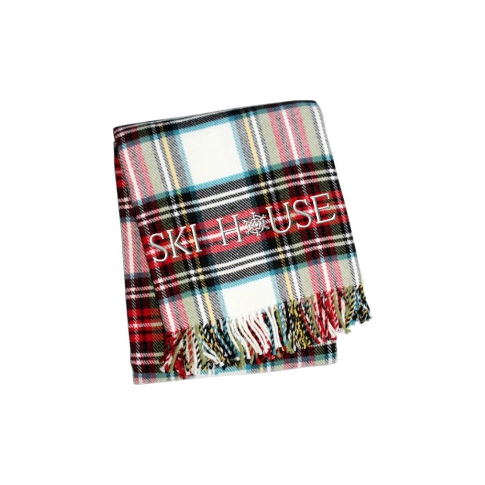 55" X 70" Black Red And White Plaid Cotton Blend Ski House Embroidered Throw Blanket with Fringe