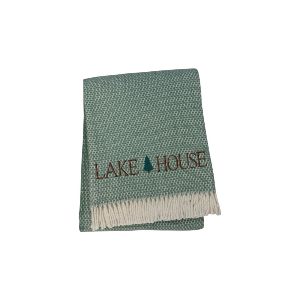 55" X 70" Sage And White Cotton Blend Lake House Embroidered Throw Blanket with Fringe