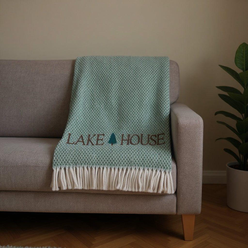 55" X 70" Sage And White Cotton Blend Lake House Embroidered Throw Blanket with Fringe