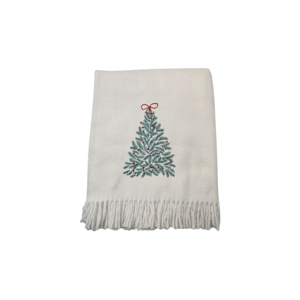 55" X 70" Cream Cotton Blend Woven Christmas Tree Embroidered Throw Blanket with Fringe
