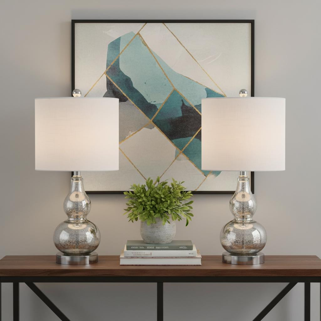 Set of Two 21" Silver Gourd Desk Lamps LED With Drum Shades