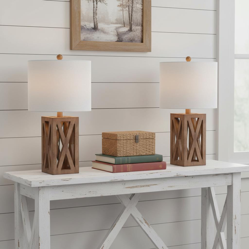 Set of Two 22" Brown Table Lamps LED With Drum Shades