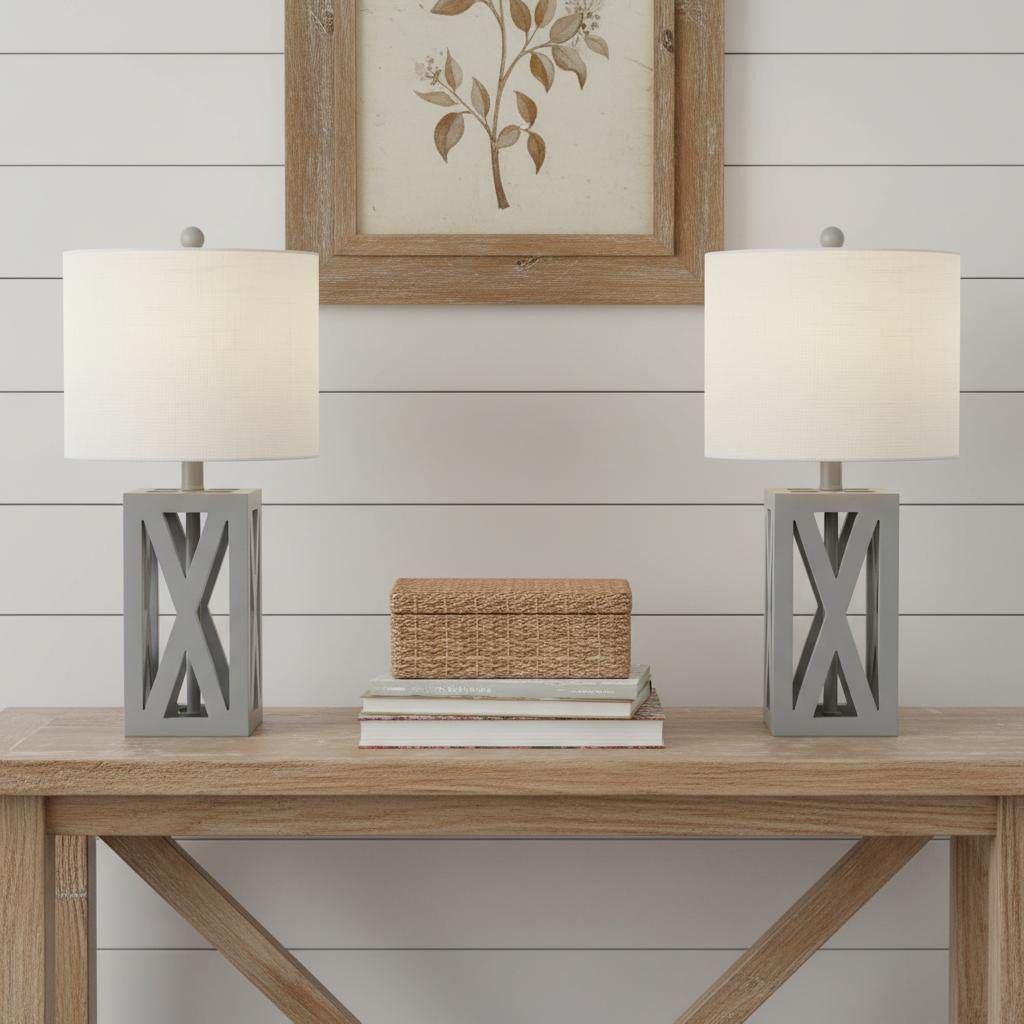 Set of Two 22" Gray Table Lamps LED With Drum Shades