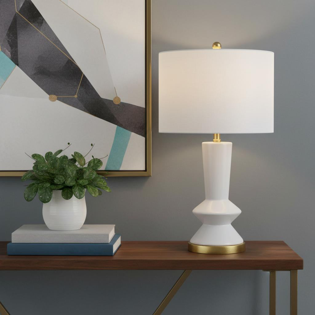 27" Gold Geometric Table Lamp LED With Drum Shade