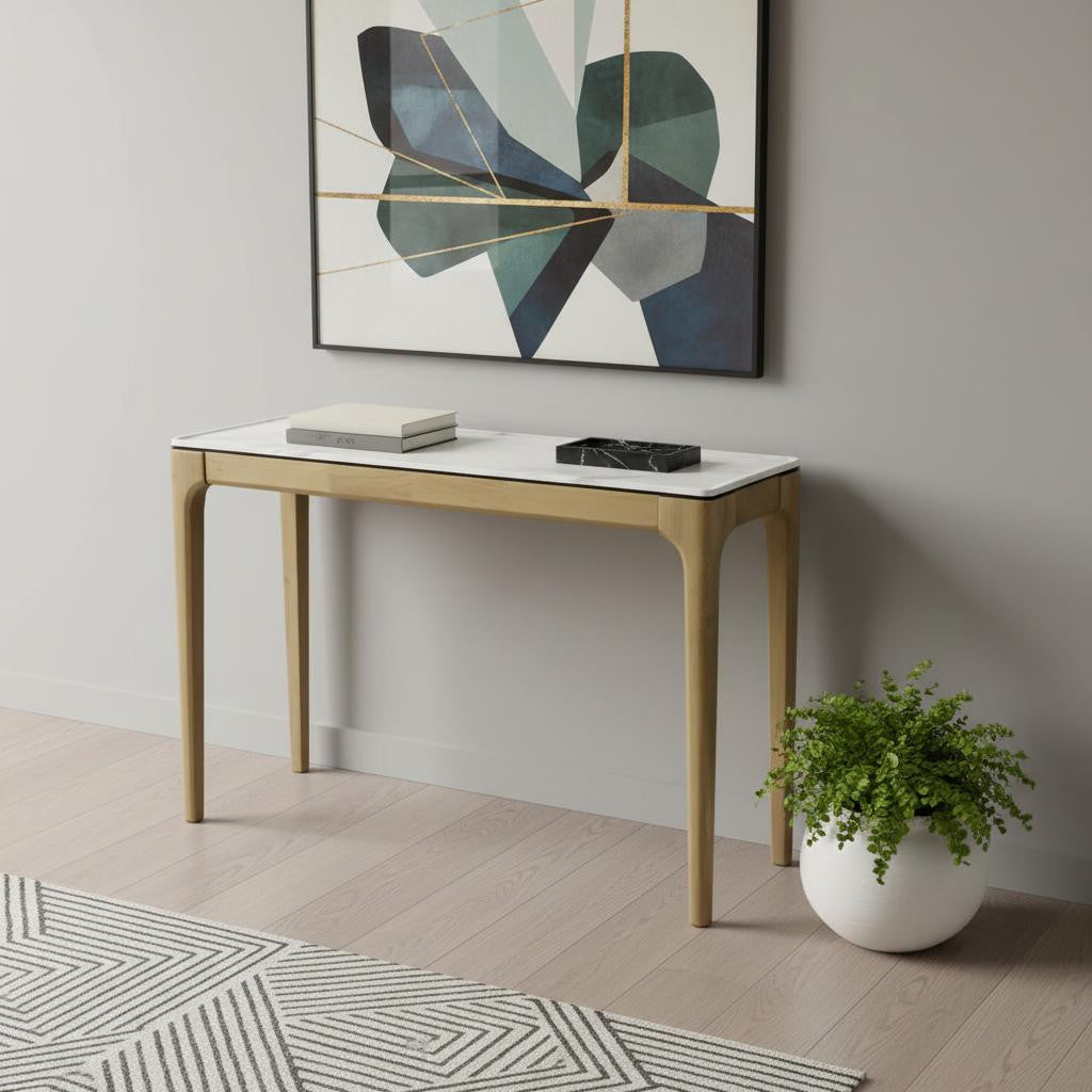 47" White and Natural Faux Marble and Solid Wood Console Table