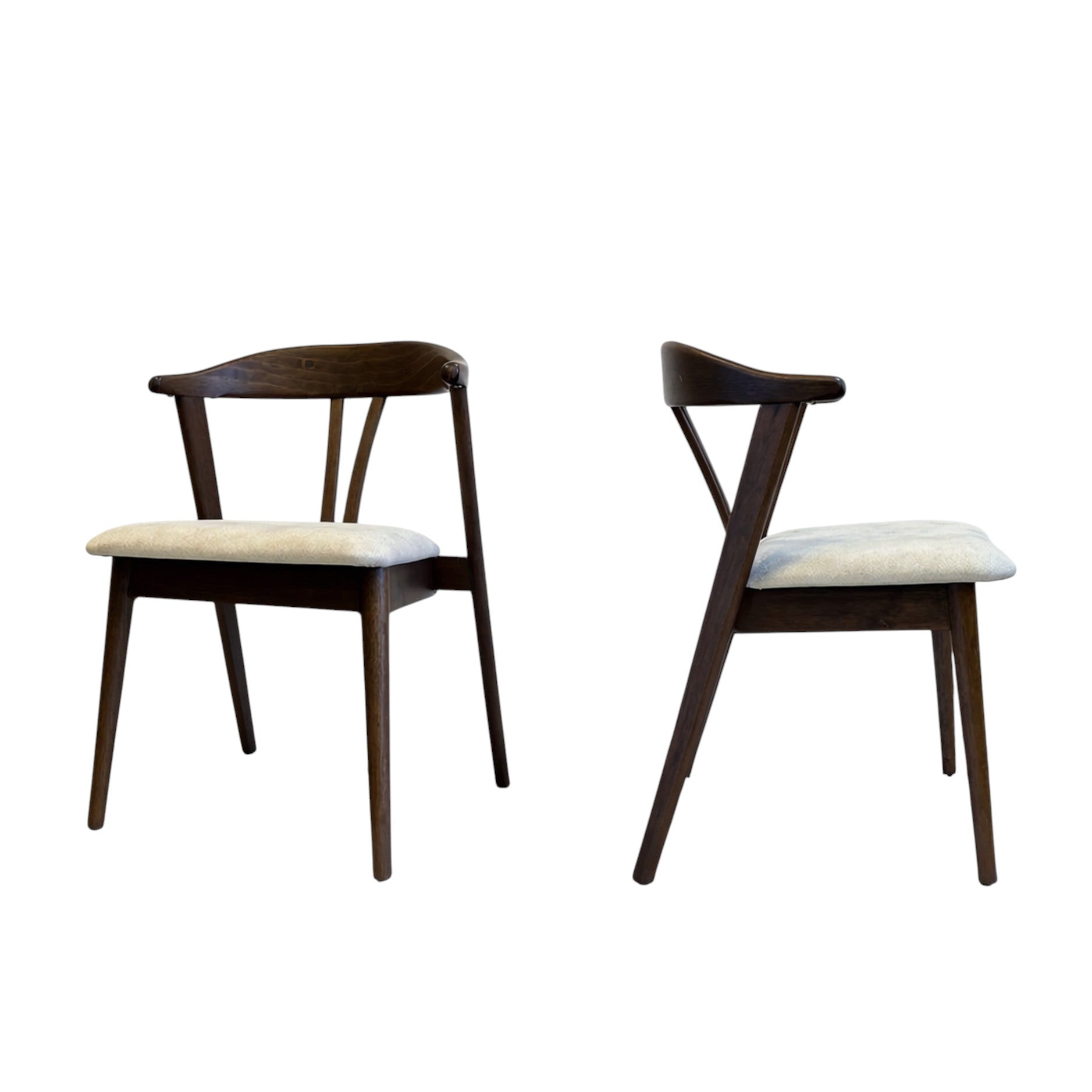 Set of Two Cream and Walnut Fabric and Solid Wood Wishbone Back Dining Side Chairs