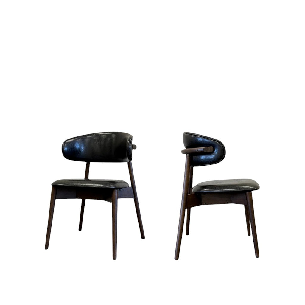Set of Two Black and Walnut Faux Leather and Solid Wood Partially Open Back Dining Side Chairs