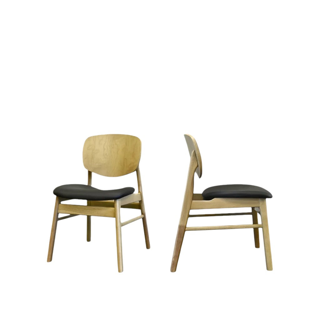 Set of Two Black and Oak Faux Leather and Solid Wood Partially Open Back Dining Side Chairs