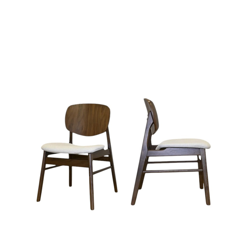 Set of Two Cream and Walnut Fabric and Solid Wood Partially Open Back Dining Side Chairs