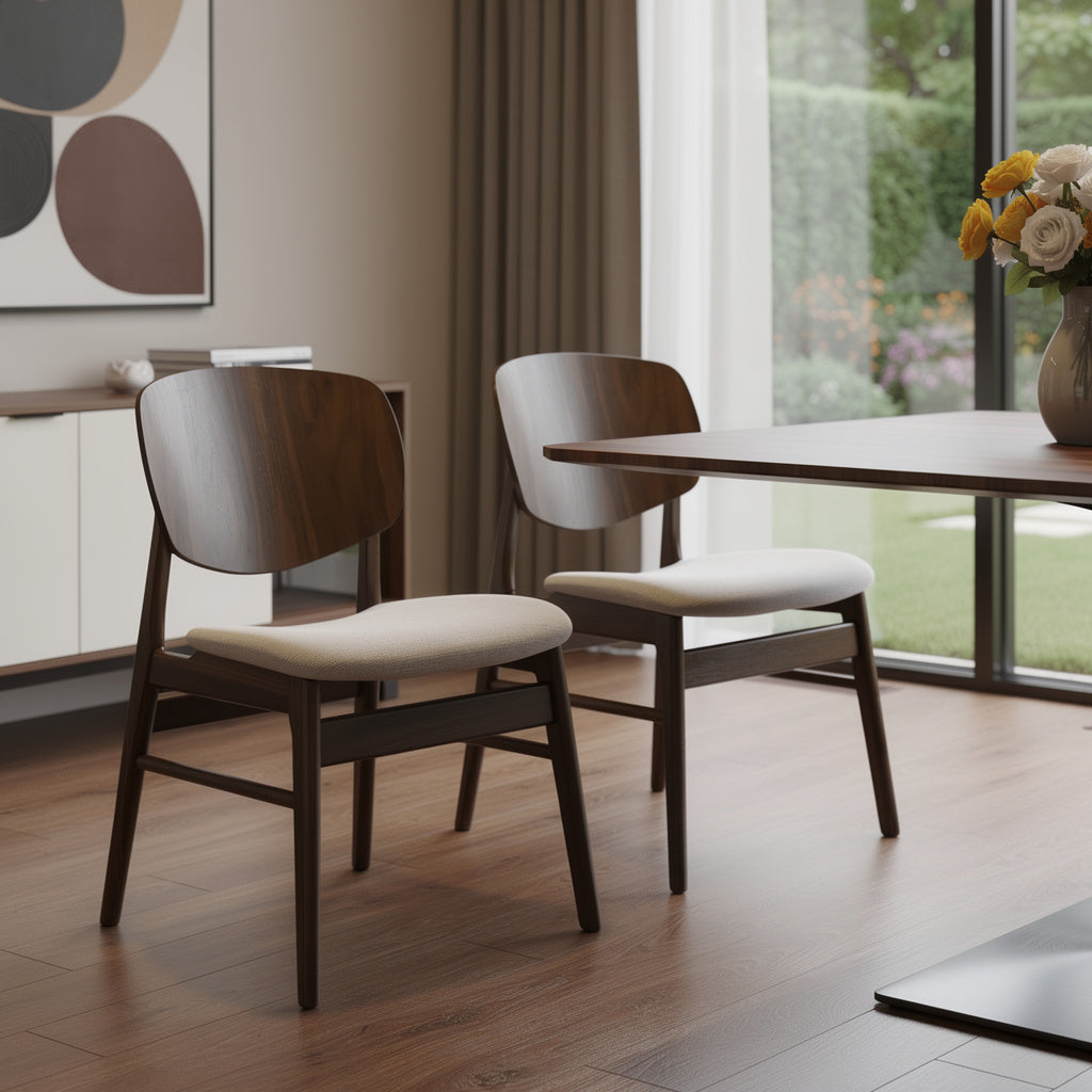 Set of Two Cream and Walnut Fabric and Solid Wood Partially Open Back Dining Side Chairs