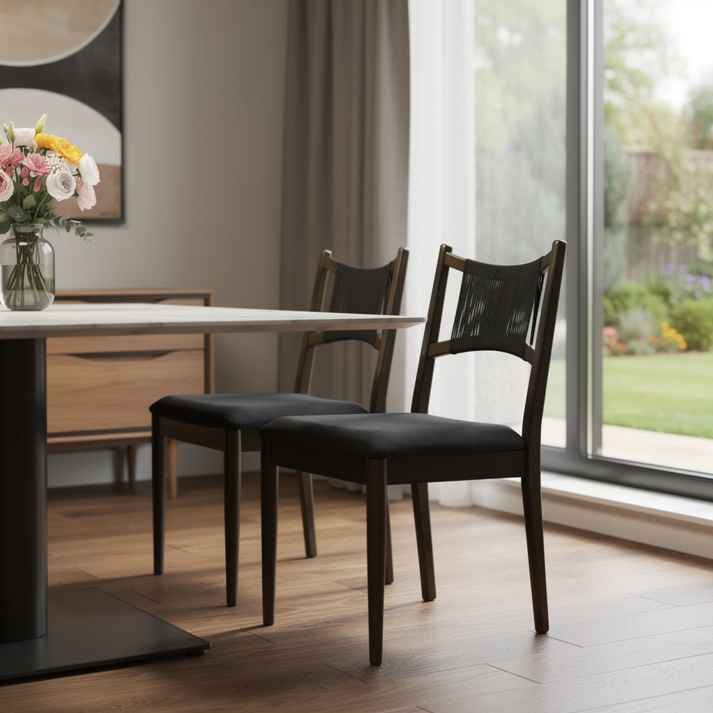 Set of Two Black and Walnut Fabric and Wood Partially Open Back Dining Side Chairs