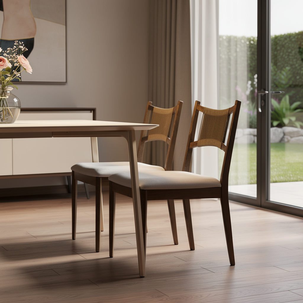 Set of Two Cream and Natural Fabric and Wood Partially Open Back Dining Side Chairs