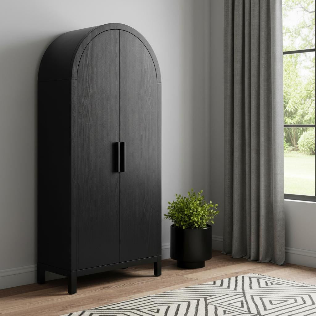 30" Black Wood Oval Accent Cabinet With Two Doors