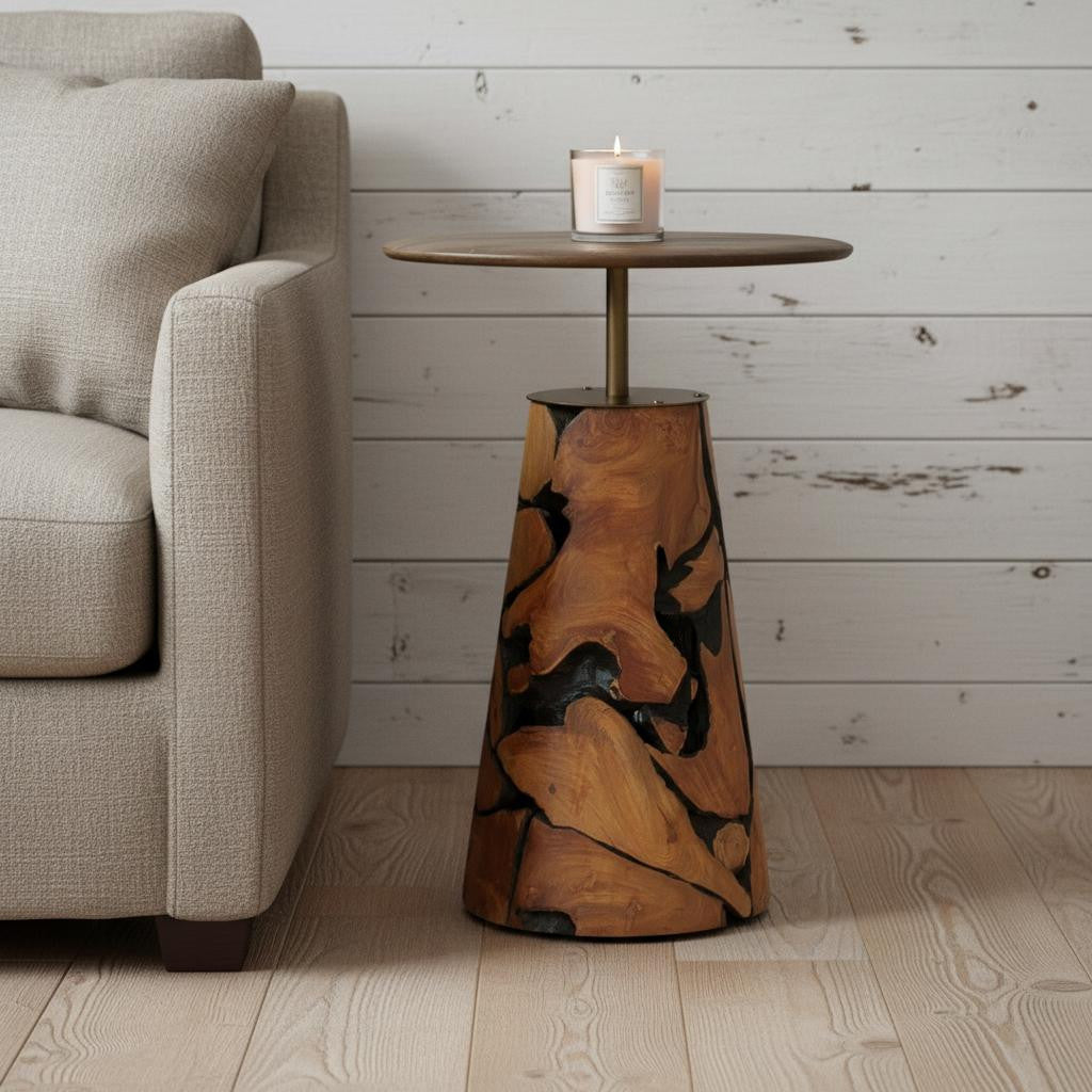 26" Natural Distressed Reclaimed Wood Round Pedestal End Table