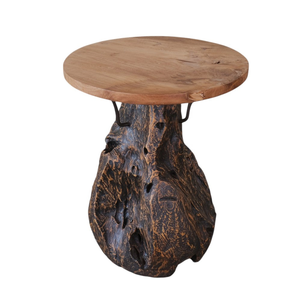 24" Natural and Smoky Black Distressed Reclaimed Wood Round Pedestal End Table