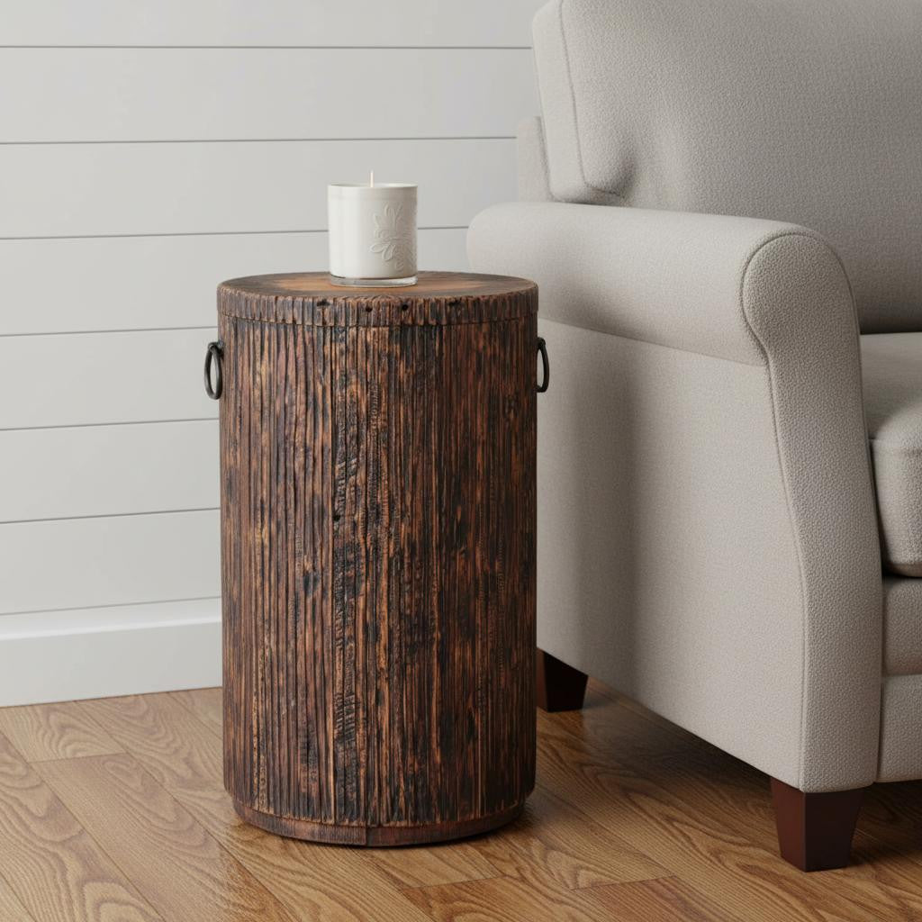 24" Natural And Smoky Black Reclaimed Wood Round Drum End Table