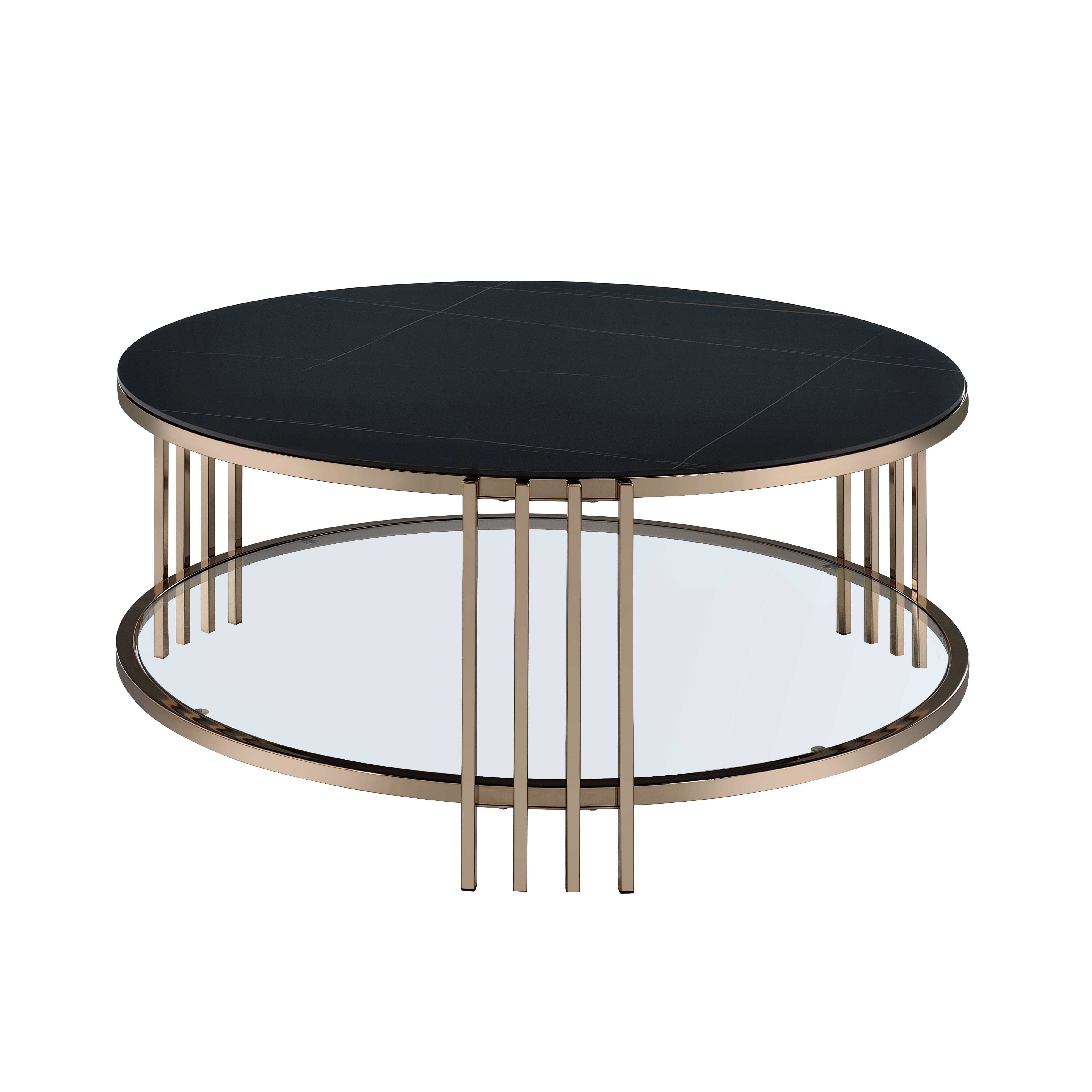 35" Black and Champagne Sintered Stone and Steel Round Coffee Table