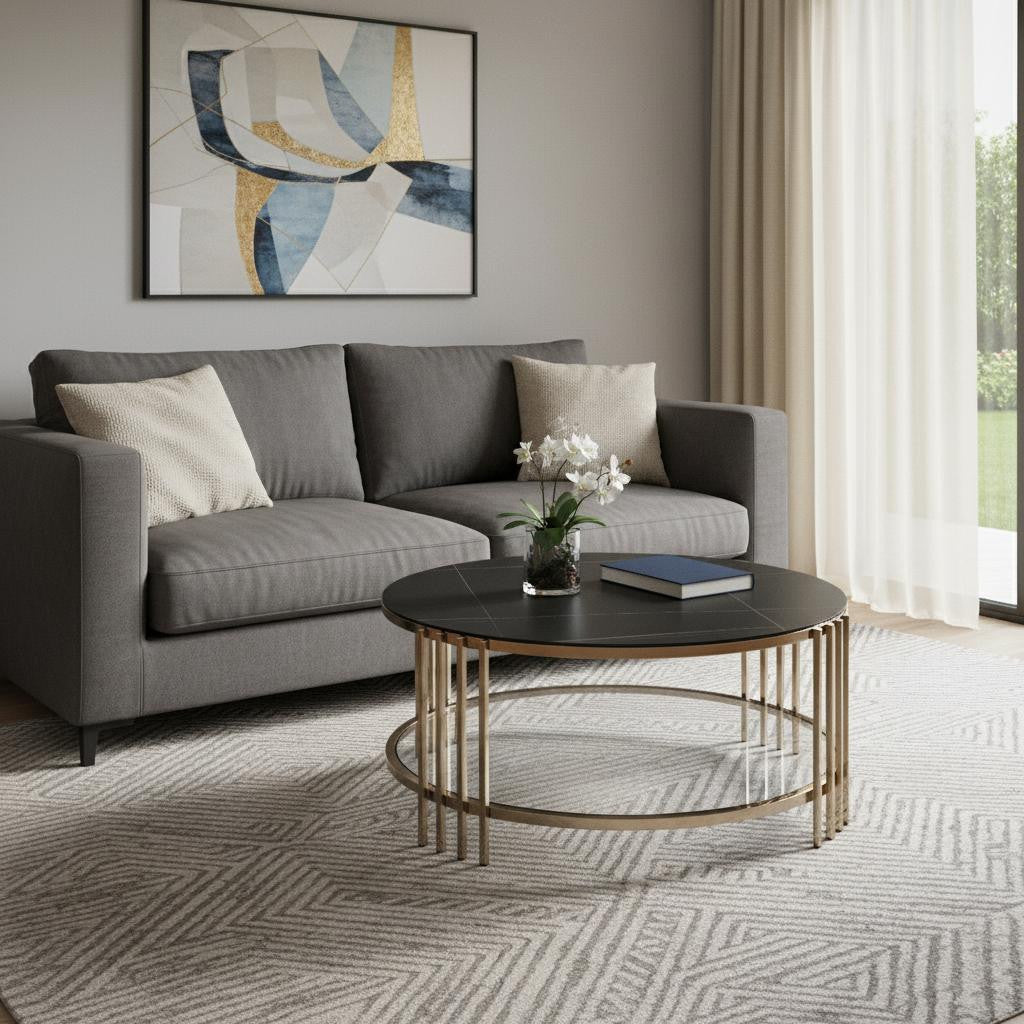 35" Black and Champagne Sintered Stone and Steel Round Coffee Table