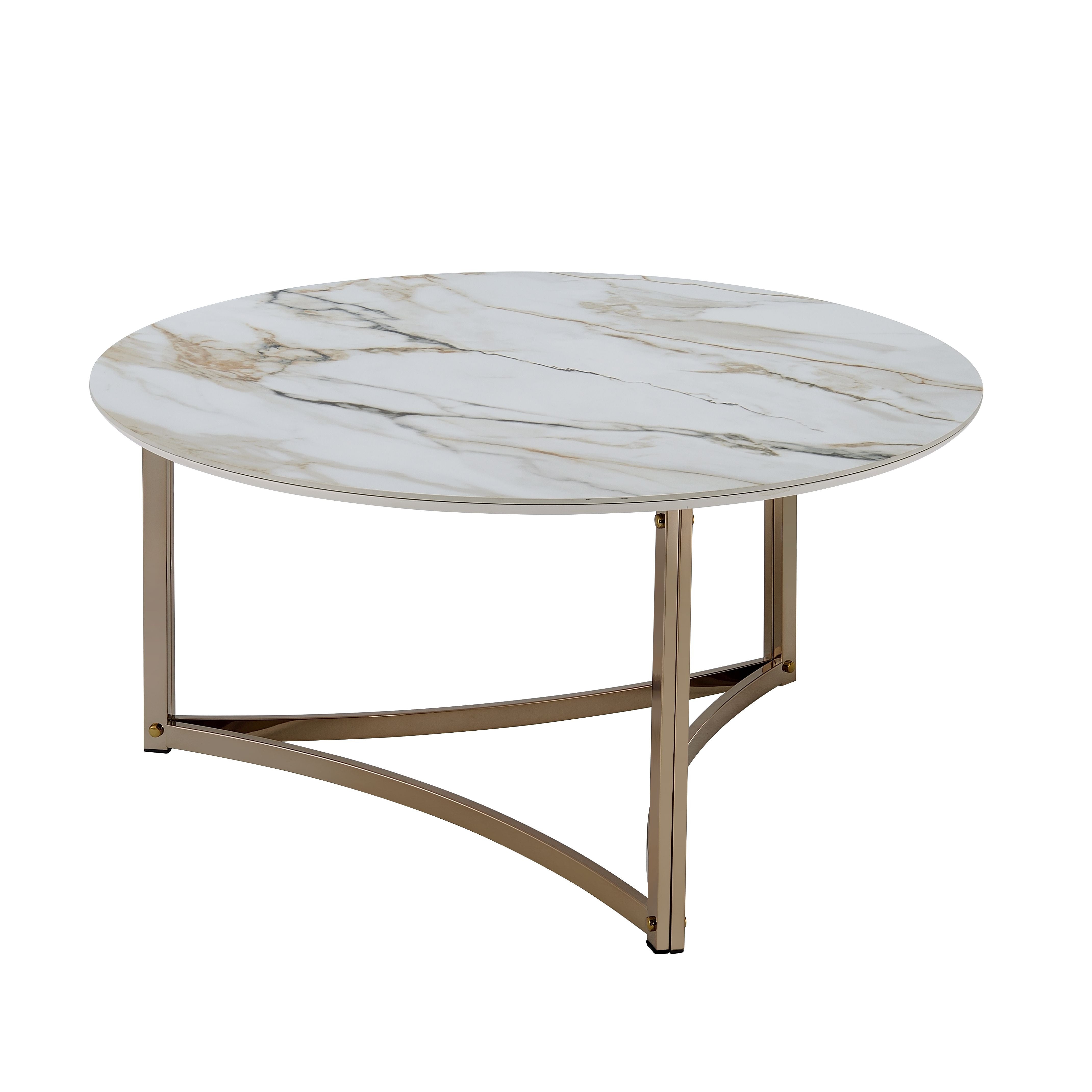 35" White and Champagne Sintered Stone and Steel Round Frame Coffee Table