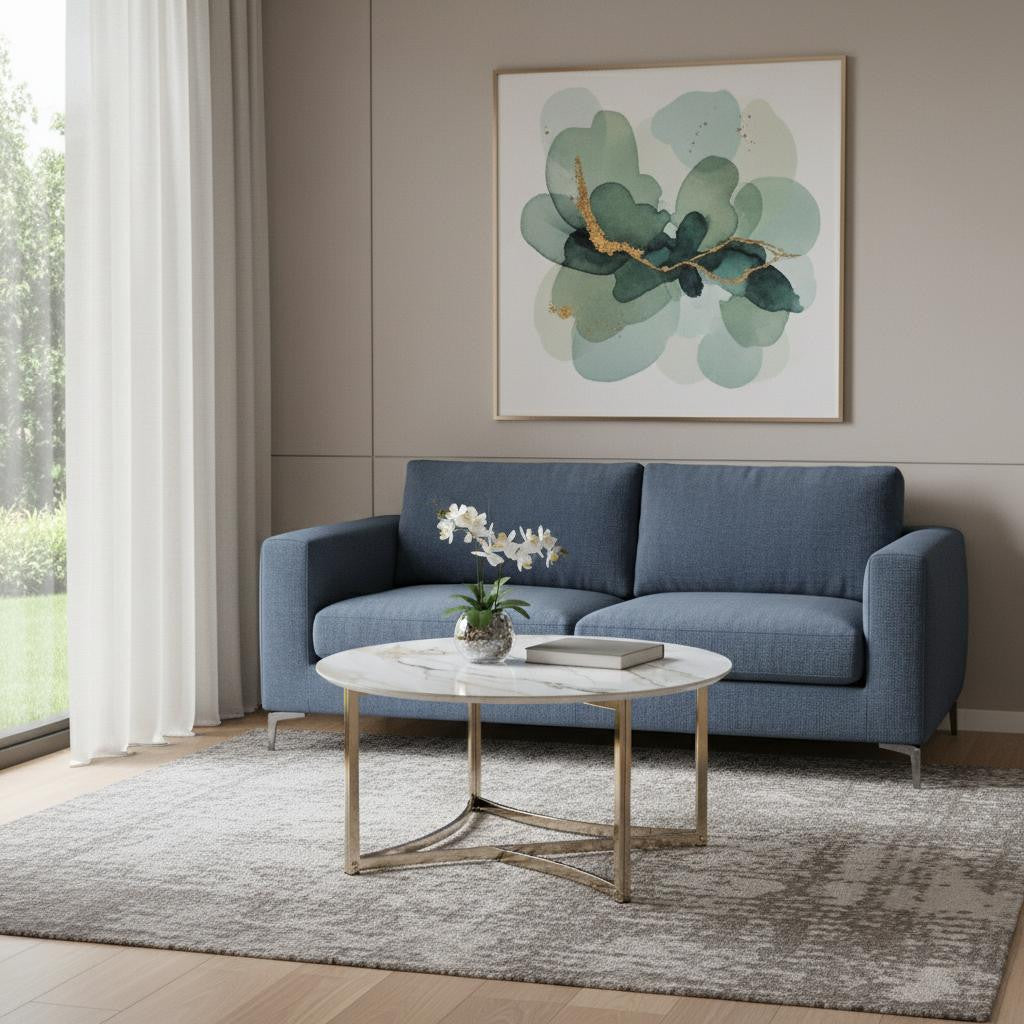 35" White and Champagne Sintered Stone and Steel Round Frame Coffee Table