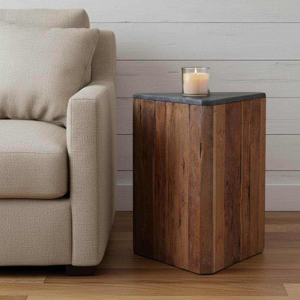 24" Natural And Charcoal Reclaimed Wood And Stone Block End Table
