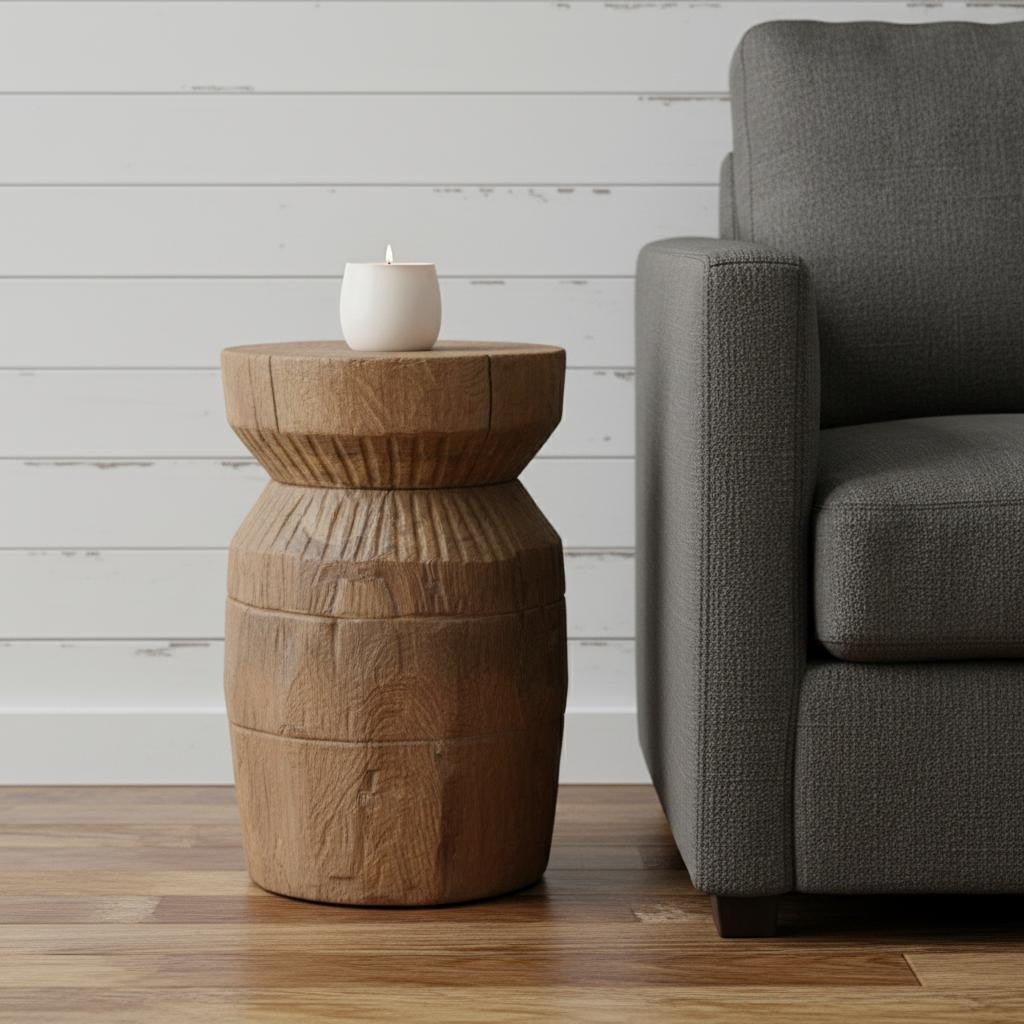 19" Natural Distressed Reclaimed Wood Round Drum End Table