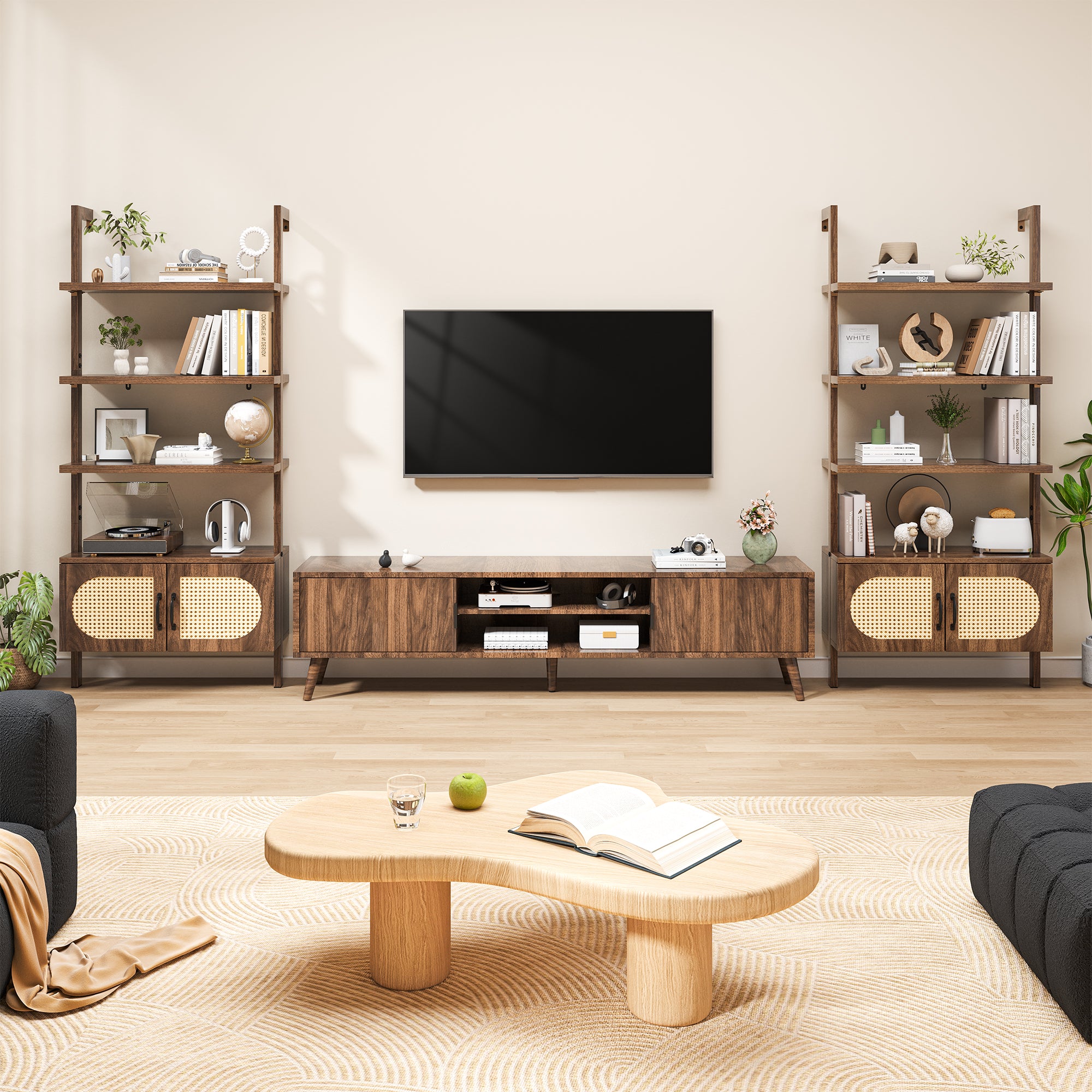 72" Light Brown Wood Adjustable Four Tier Etagere Bookcase with Two Doors