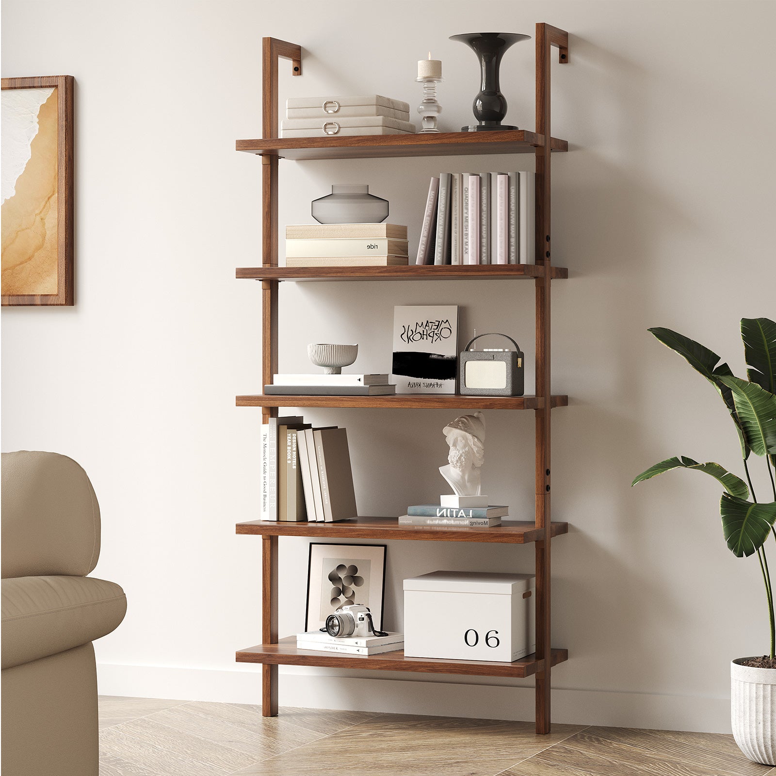71" Light Brown Wood Adjustable Five Tier Etagere Bookcase
