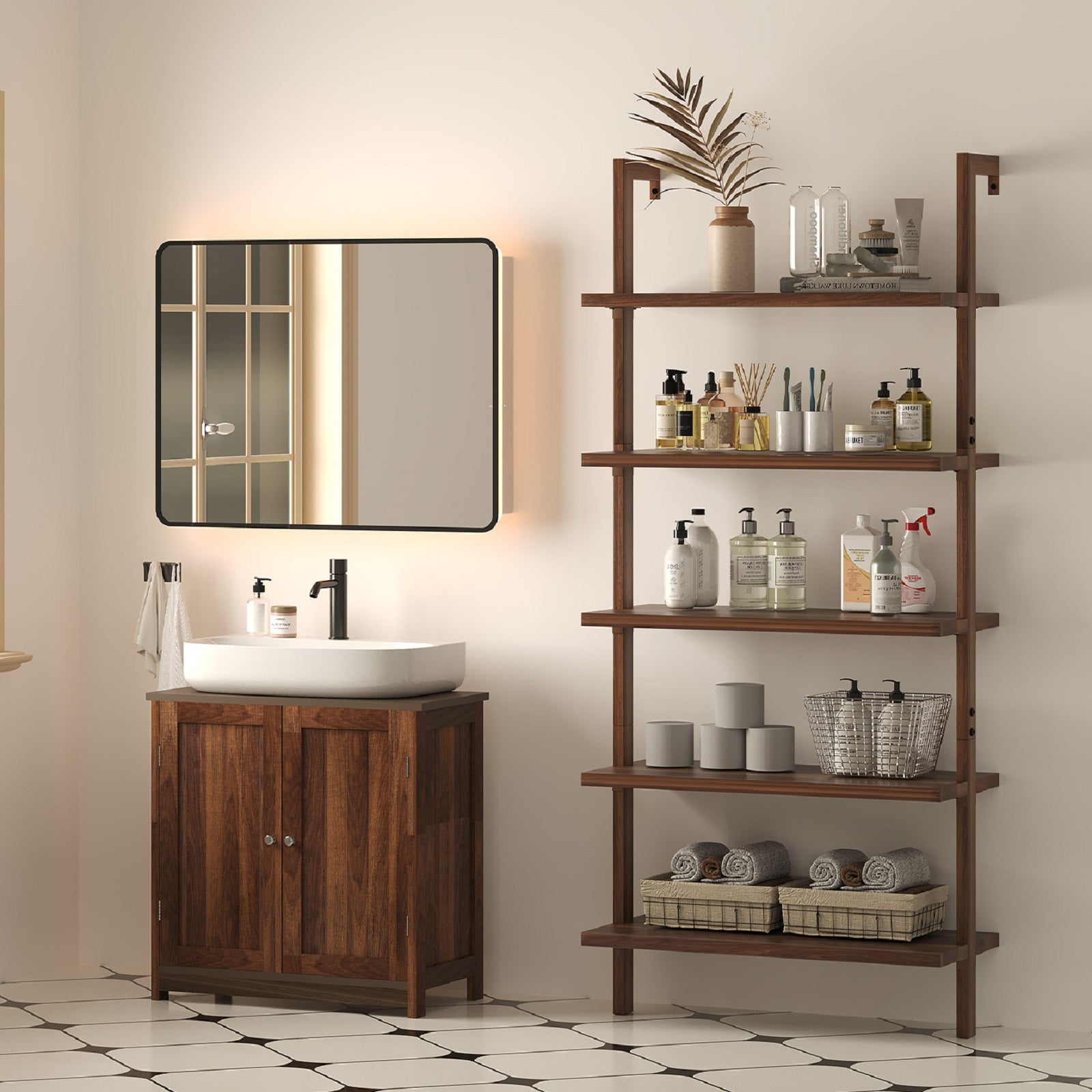 71" Light Brown Wood Adjustable Five Tier Etagere Bookcase