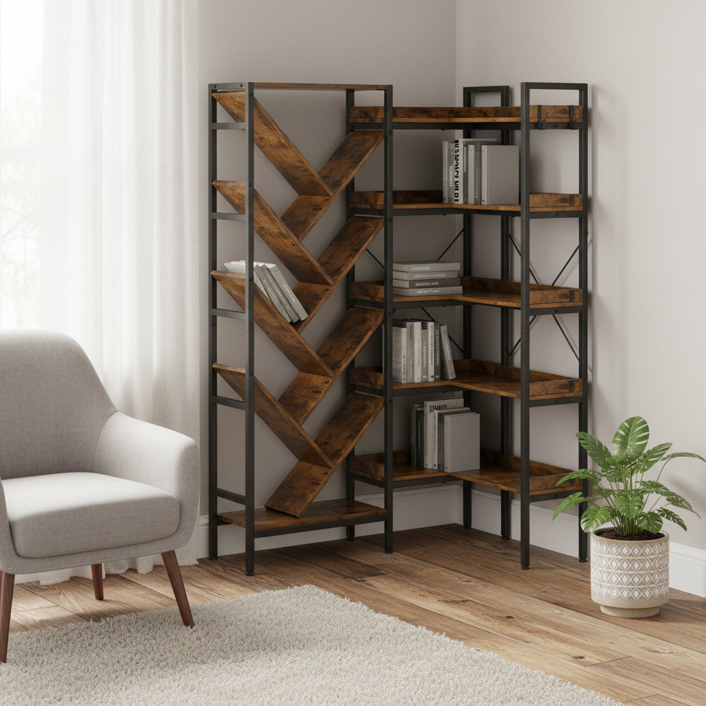 69" Brown And Black Wood And Metal Ten Tier Corner Bookcase