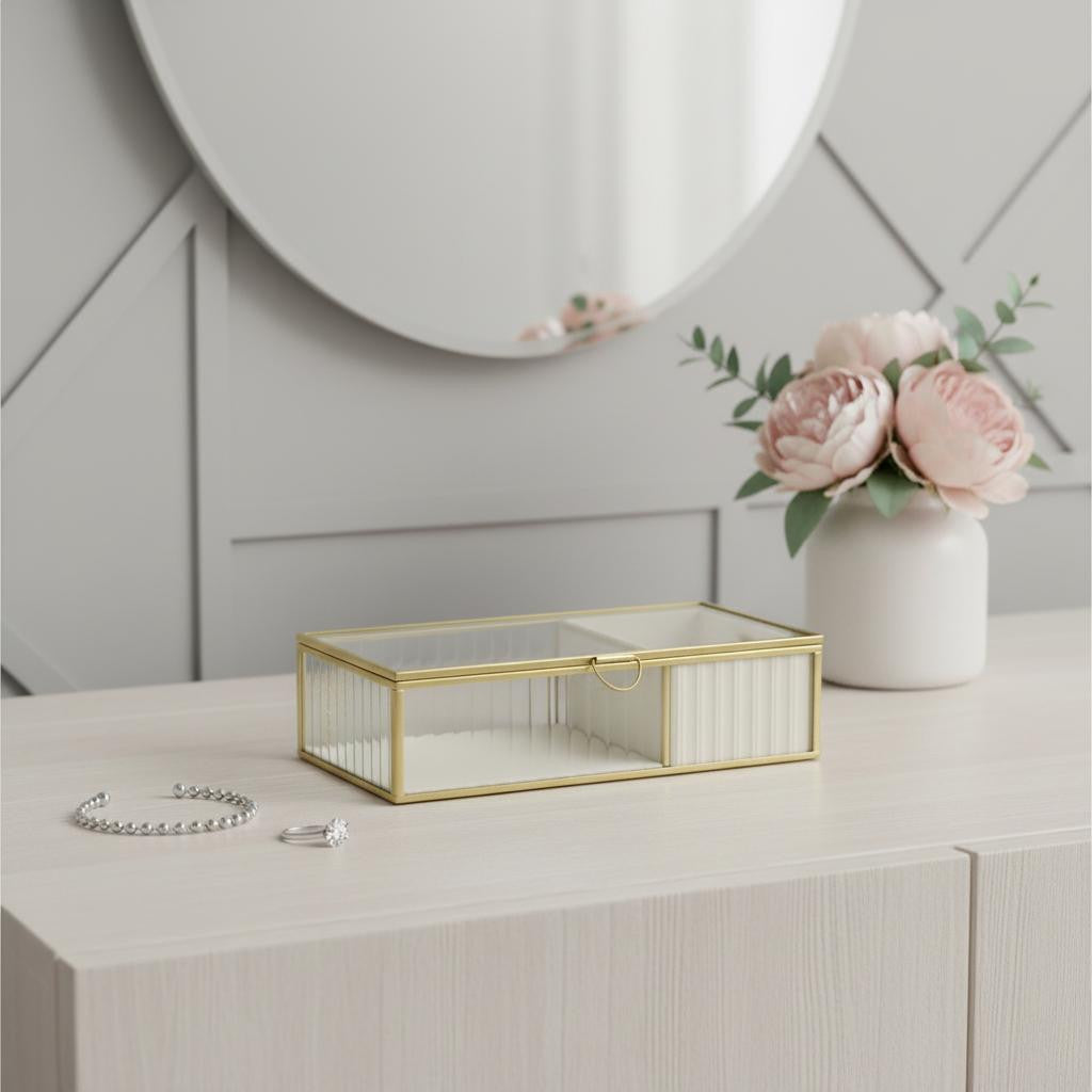 10" Gold Glass Two Section Jewelry Box With Metal Accents