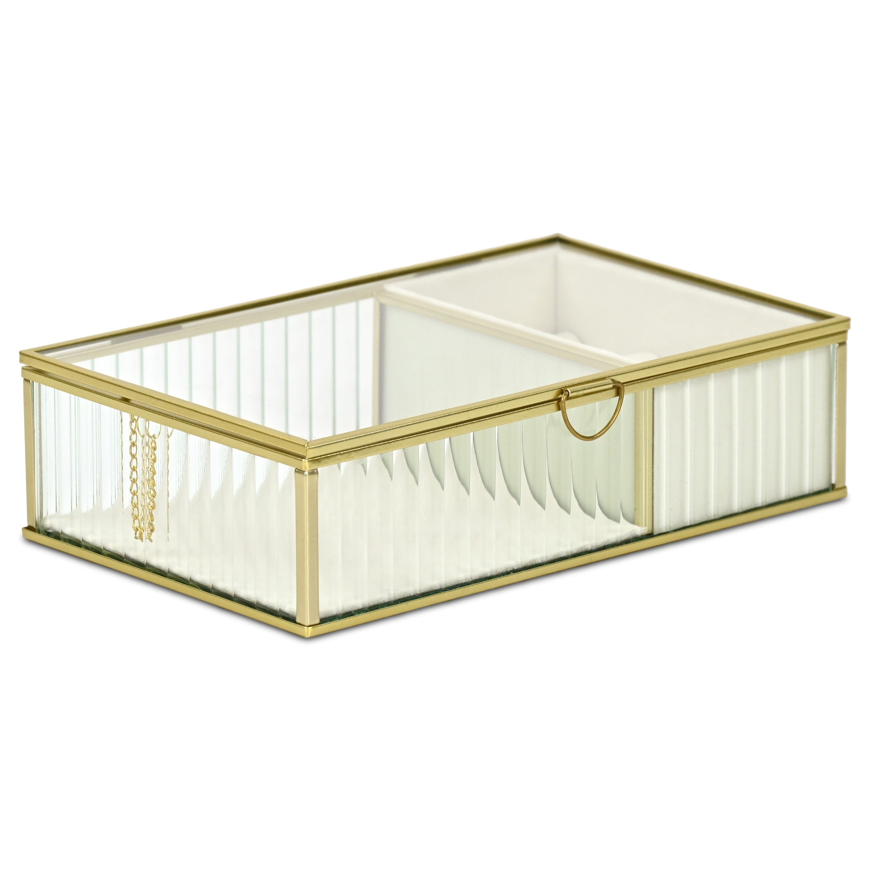 10" Gold Glass Two Section Jewelry Box With Metal Accents